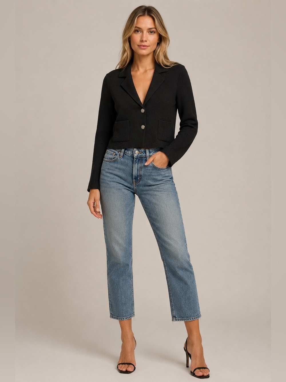 NWT Six/Fifty Cropped Knit Blazer Jacket Black Size Small Soft Stretch